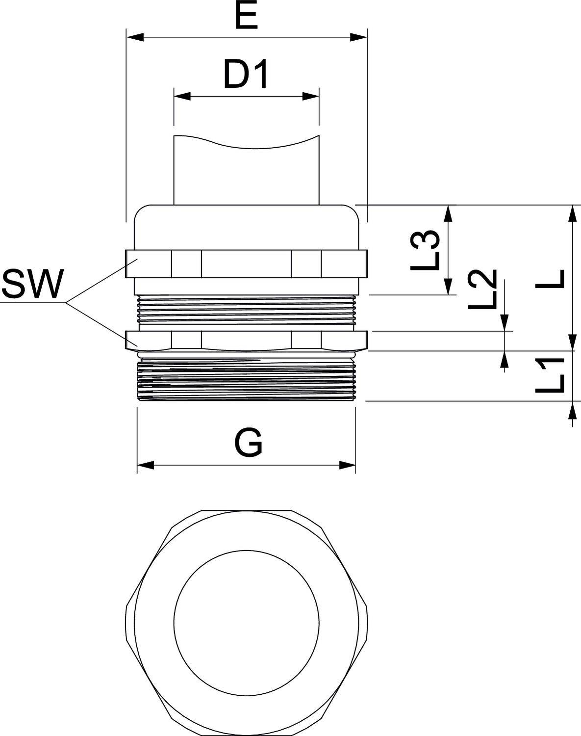 Rysunek techniczny połączenia śrubowego z wymiarami. Na górze: widok profilu z wymiarami E, D1, L3, L2, L, L1 i SW. Na dole: widok z góry.