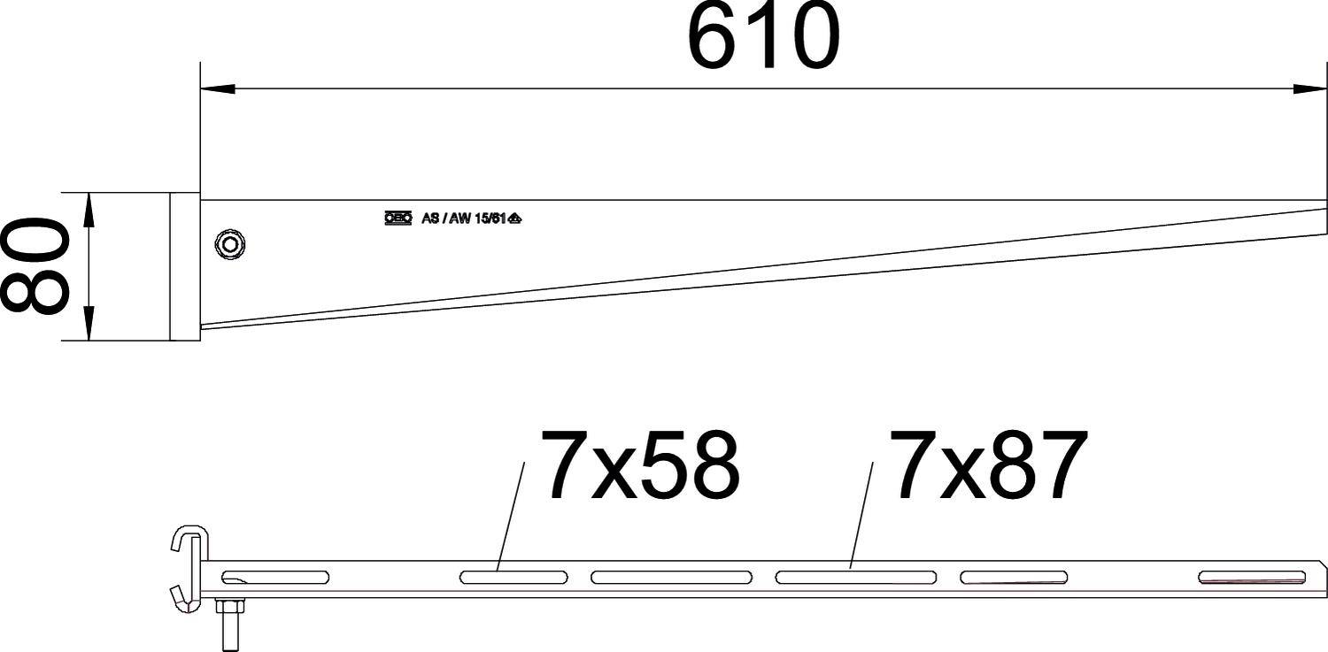 'Widok z boku i z góry konsoli do ciężkich ładunków, długość 610 mm, wysokość 80 mm, napis AS / RW 1601©, z oznaczeniami 7x58 i 7x87.'