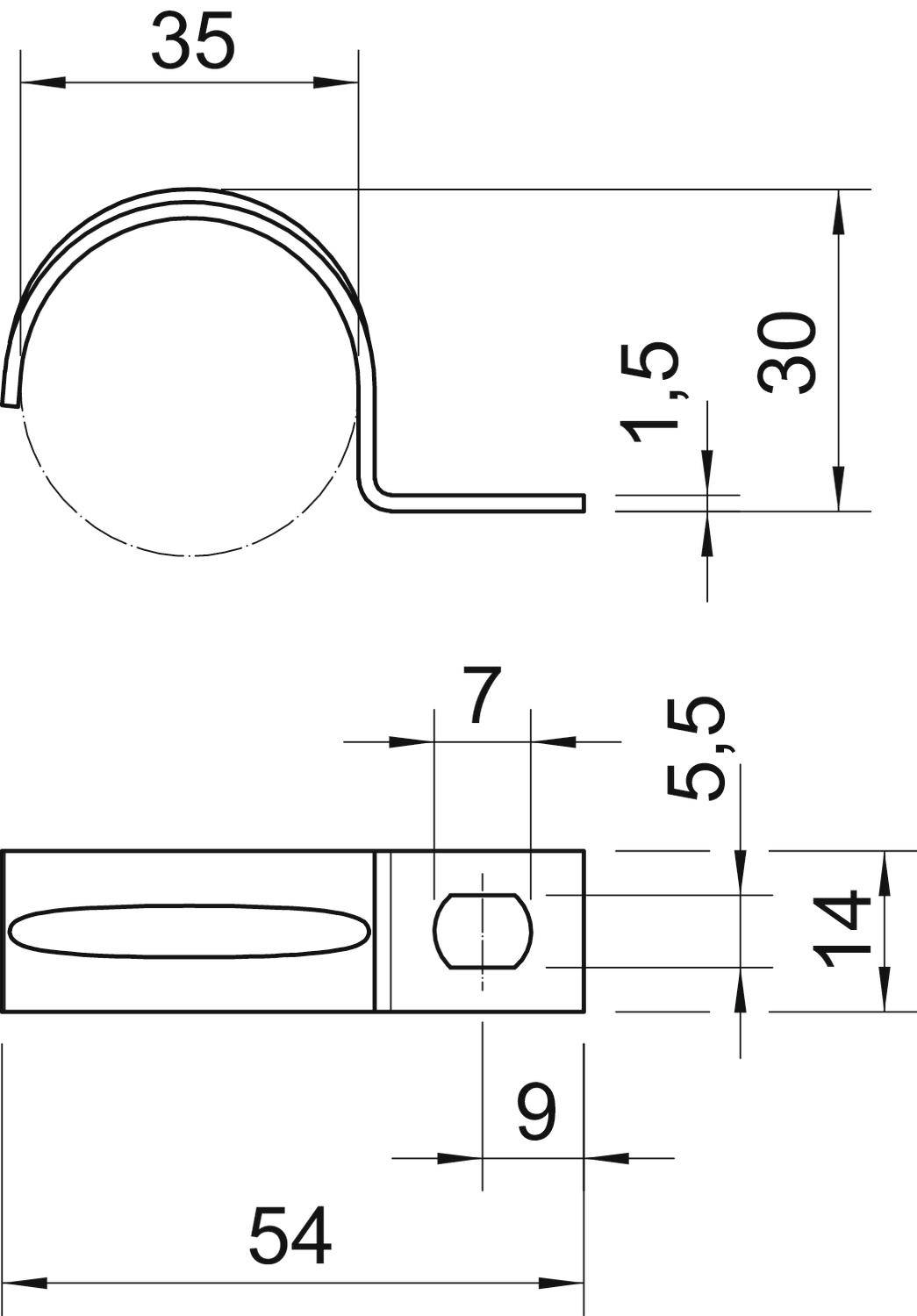 Rysunek techniczny metalowego klipsa z wymiarami: wysokość 30 mm, szerokość 35 mm, długość 54 mm. Posiada otwór na śrubę.