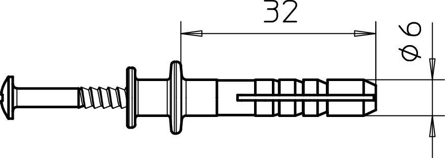 Rysunek techniczny kołka z wkrętem. Długość: 32 mm, średnica: 6 mm. Szczegółowy widok elementów składowych i wymiarów.