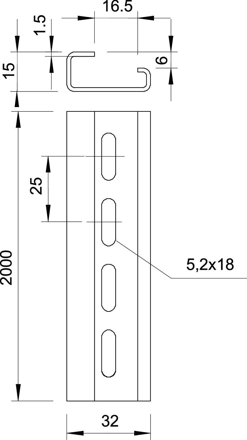 Rysunek techniczny profilu metalowego: wymiary 2000x32x15 mm, widok szczegółowy szczelin, widok z prawej strony i przekrój górny.