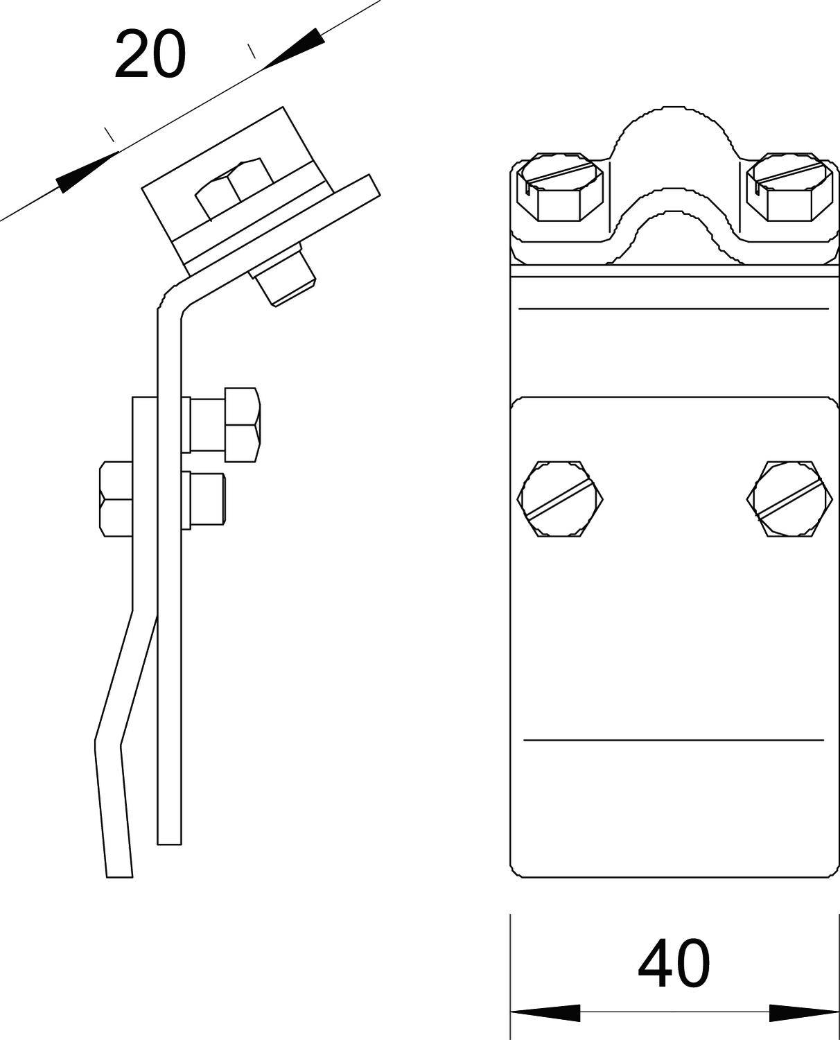 Rysunek techniczny wspornika metalowego. Po lewej stronie widok z boku, po prawej stronie widok z przodu. Wymiary wynoszą 20 mm wysokości i 40 mm szerokości.