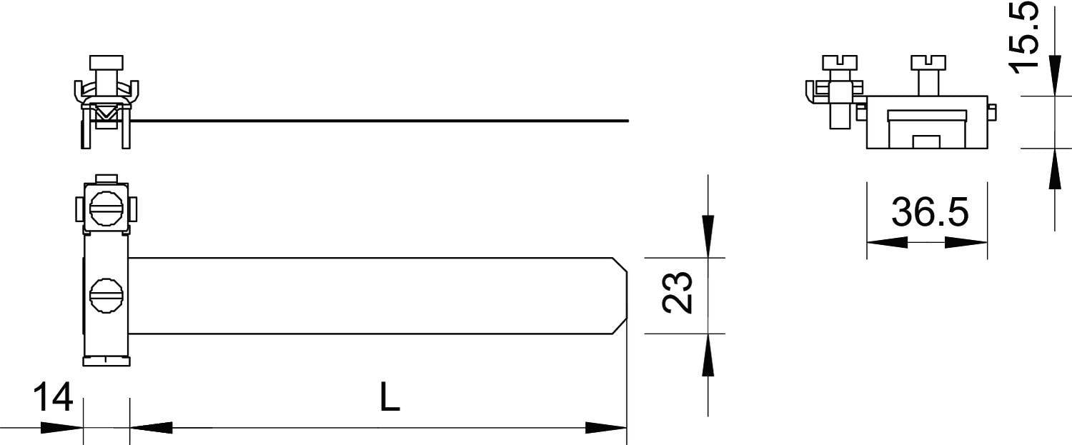 Rysunek techniczny: widok z boku i z przodu części metalowej z wymiarami: długość 'L', wysokość 23 mm, szerokość 14 mm, głębokość 36,5 mm, wysokość 15,5 mm.