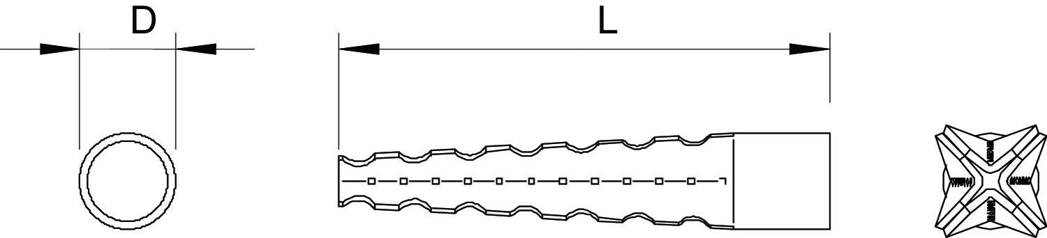 Rysunek techniczny kołka: po lewej stronie średnica 'D', po prawej stronie długość 'L', z widokiem z góry i przekrojem poprzecznym.