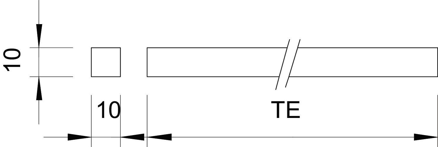 Rysunek techniczny elementu o przekroju kwadratowym 10 mm, długość oznaczona jako 'TE' z dodatkowymi oznaczeniami wymiarów.
