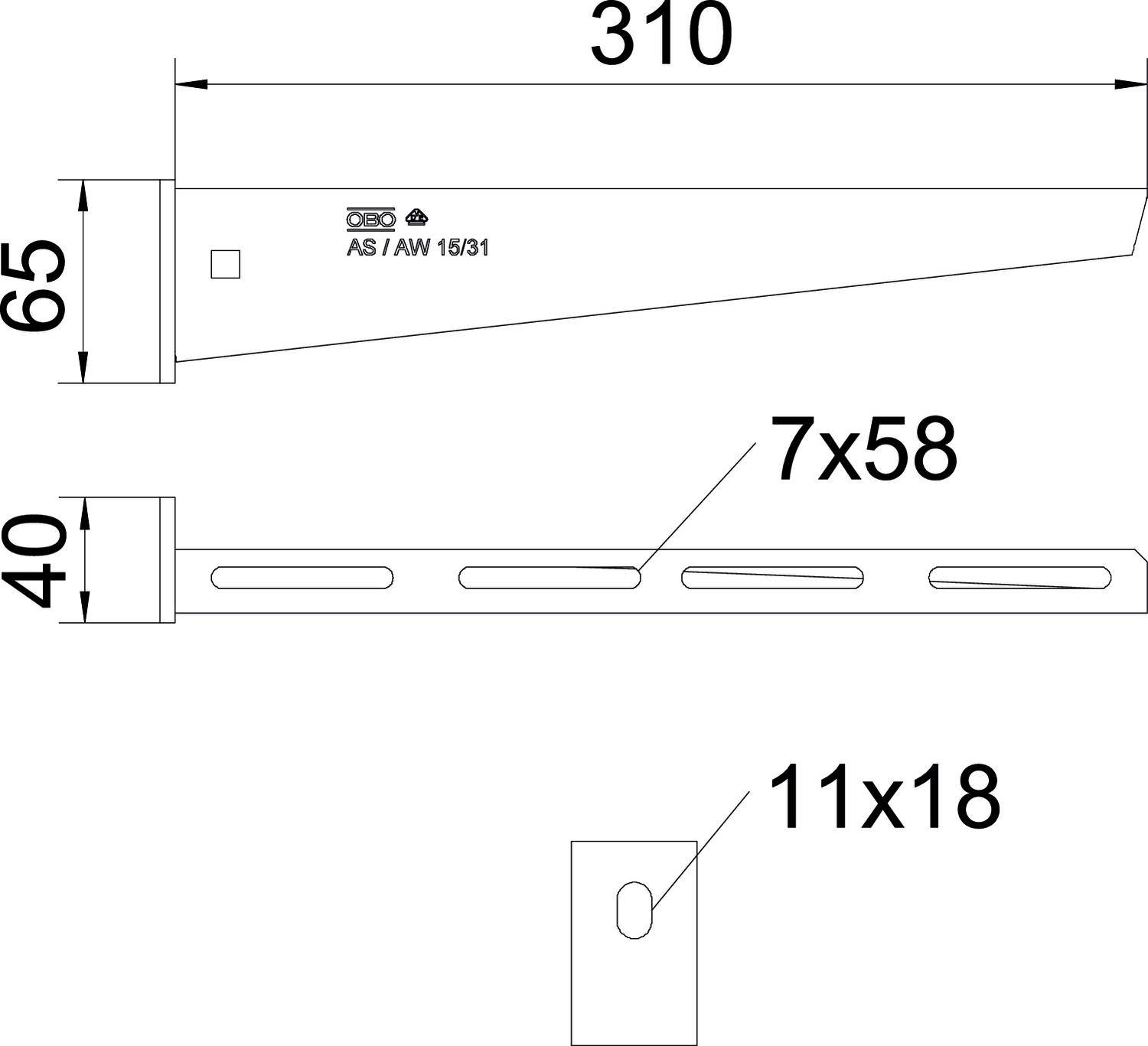Widok z boku metalowego kątownika o wymiarach: długość 310 mm, szerokość 65 mm, wysokość 40 mm. Rozmiary otworów 7x58 mm oraz 11x18 mm.