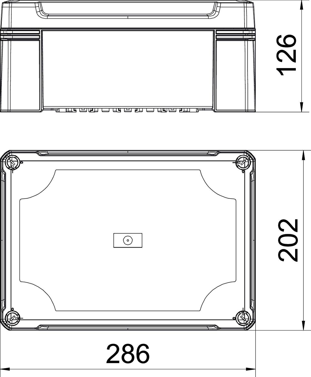 Rysunek techniczny obudowy prostokątnej o wymiarach: wysokość 126 mm, szerokość 286 mm, głębokość 202 mm.