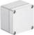 Szaro-biała, kwadratowa puszka rozgałęźna z czterema śrubami w narożnikach, służąca zabezpieczeniu połączeń elektrycznych w budynkach.