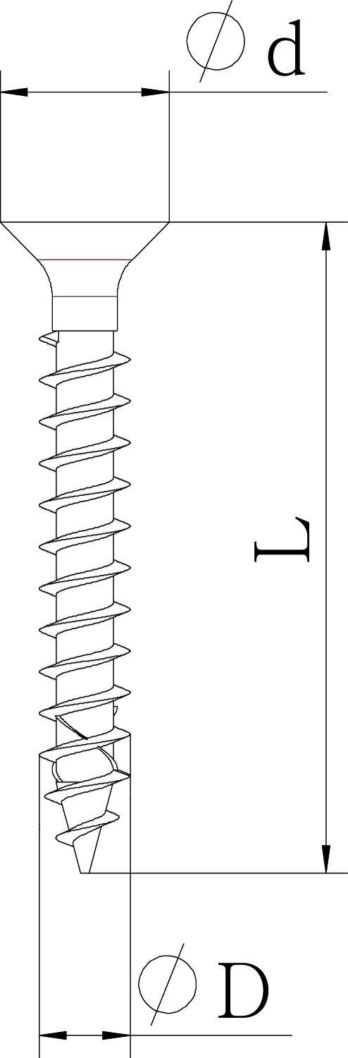 Rysunek techniczny śruby z wymiarami: średnica d trzpienia, całkowita długość L oraz średnica D główki.