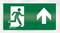 Znak ewakuacyjny: Zielona tablica z biegającą postacią kierującą się w stronę drzwi. Biała strzałka wskazuje w górę.