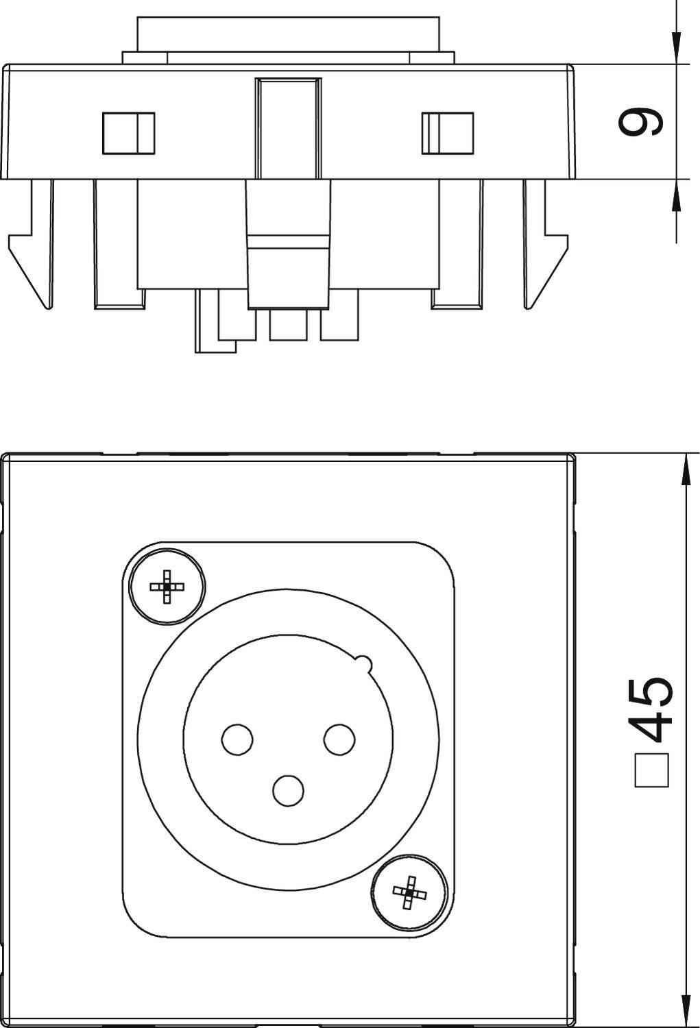 Rysunek techniczny złącza elektrycznego, widok z przodu i z boku, o wymiarach 45 mm x 9 mm.