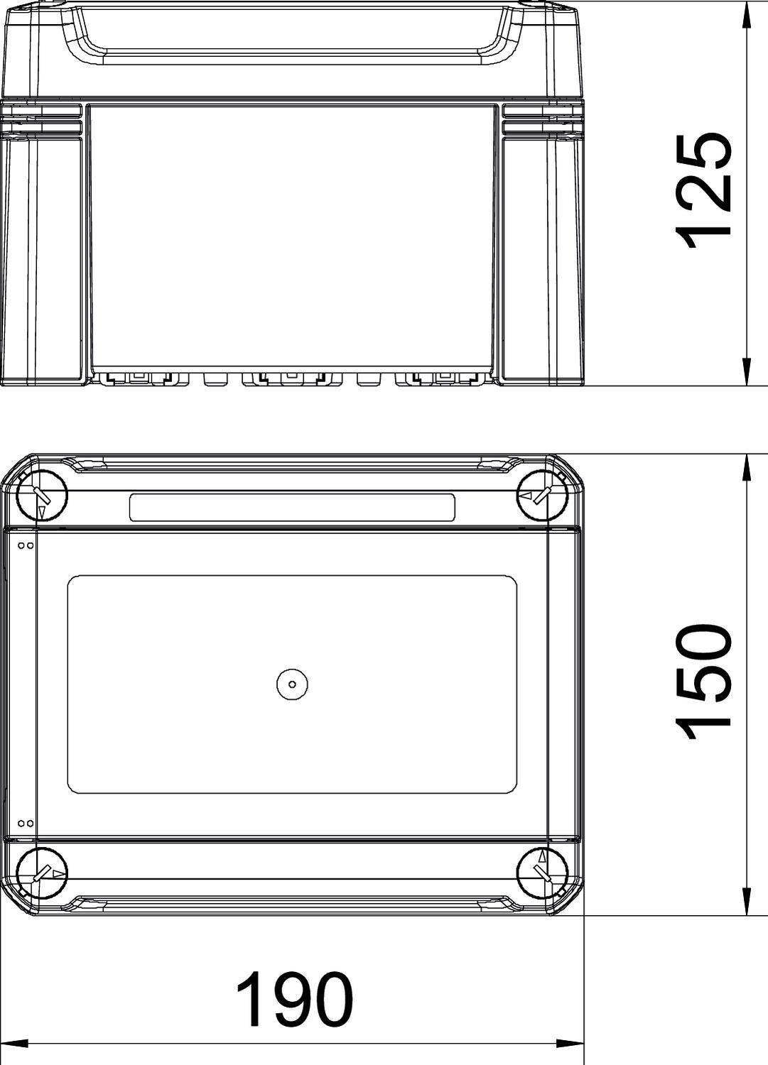 Rysunek techniczny prostokątnej obudowy o wymiarach: 190 mm szerokości, 150 mm głębokości i 125 mm wysokości. Przedstawiono widok z góry i widok z przodu.