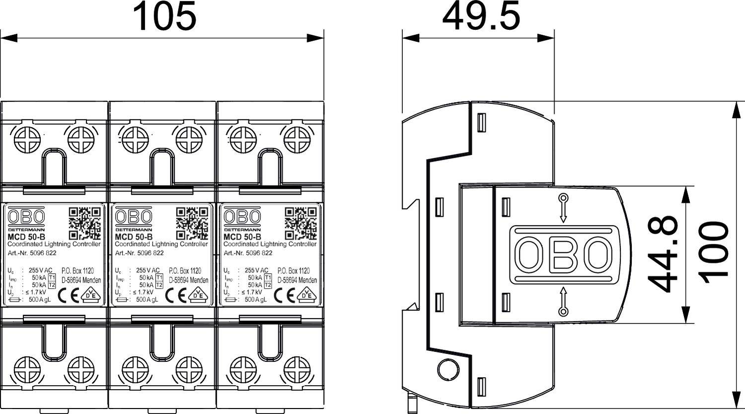 Schemat elektryczny urządzenia ochrony przeciwprzepięciowej firmy OBO. Po lewej stronie przedstawione są trzy moduły obok siebie, po prawej szczegółowy widok z wymiarami.