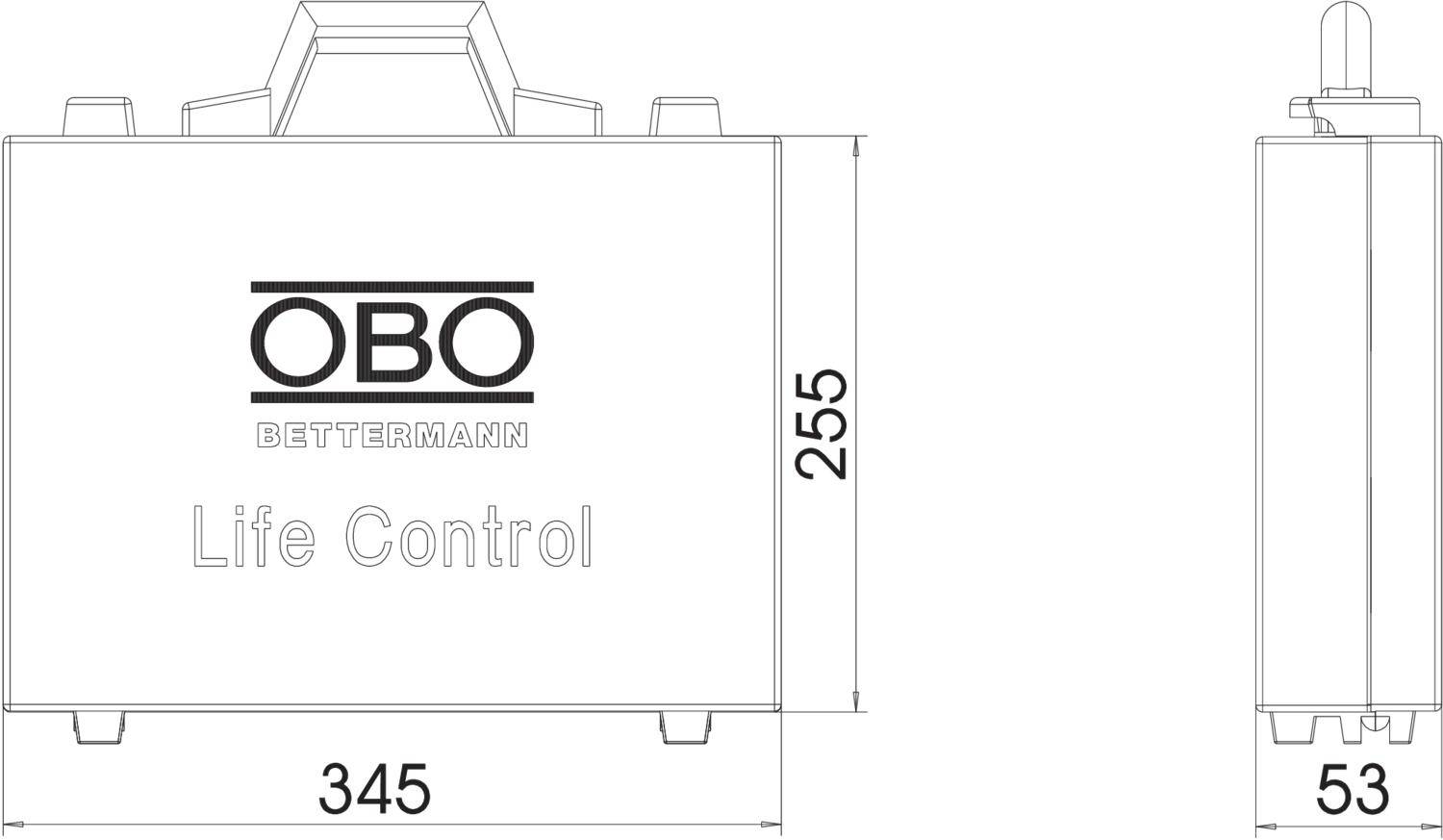 Rysunek techniczny prostokątnego urządzenia o wymiarach: wysokość 255 mm, szerokość 345 mm, głębokość 53 mm. Napis: 'OBO Life Control'.