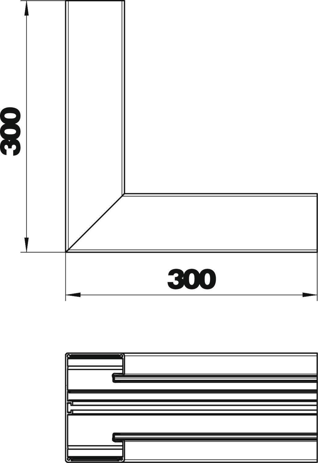 Rysunek techniczny kształtownika aluminiowego w kształcie litery L. Na górze widoczny wymiar 300x300 mm. Poniżej przekrój poprzeczny.