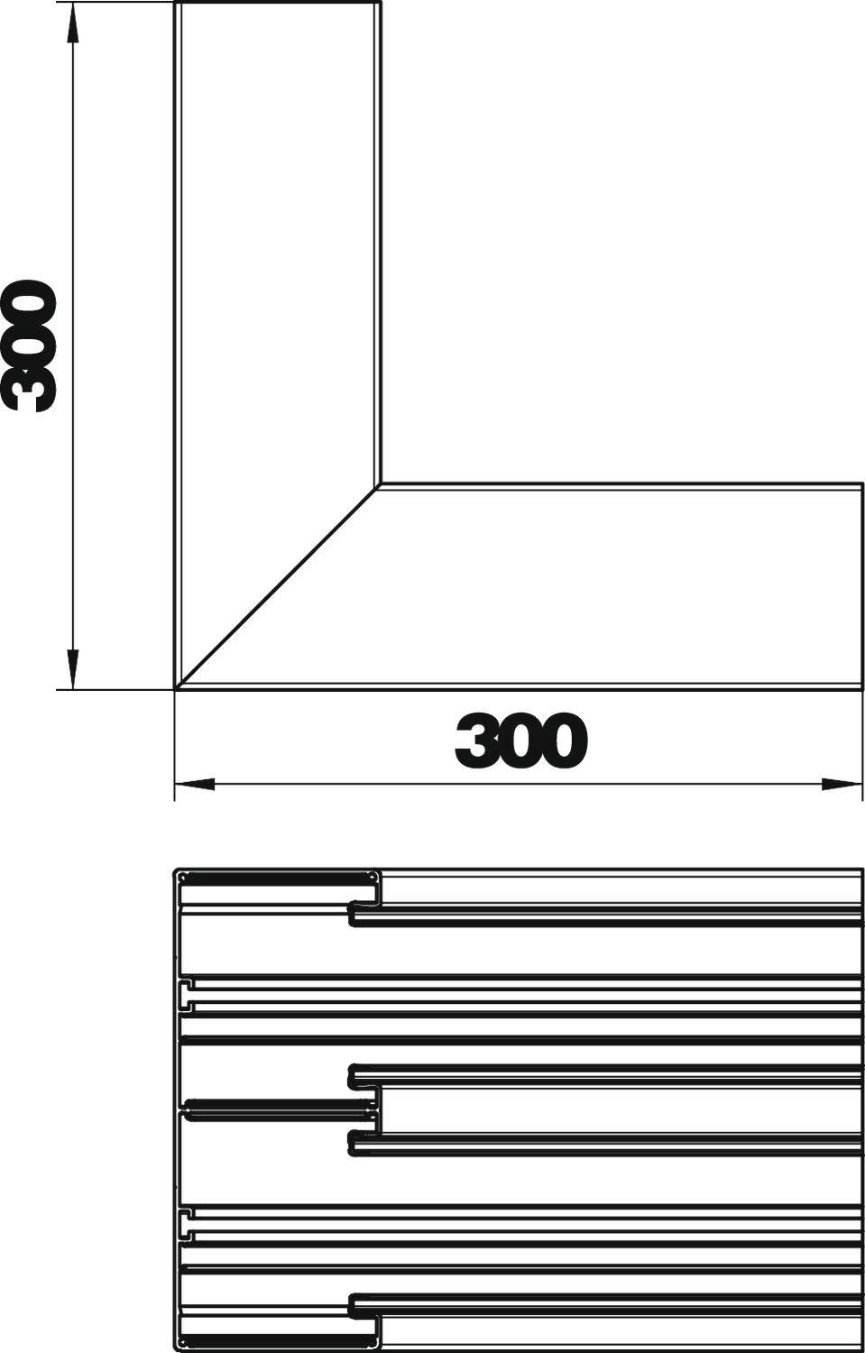 Rysunek techniczny elementu przestrzennego o wymiarach 300x300 mm, przedstawiający strukturę w kształcie litery L oraz przekrój poprzeczny profili.