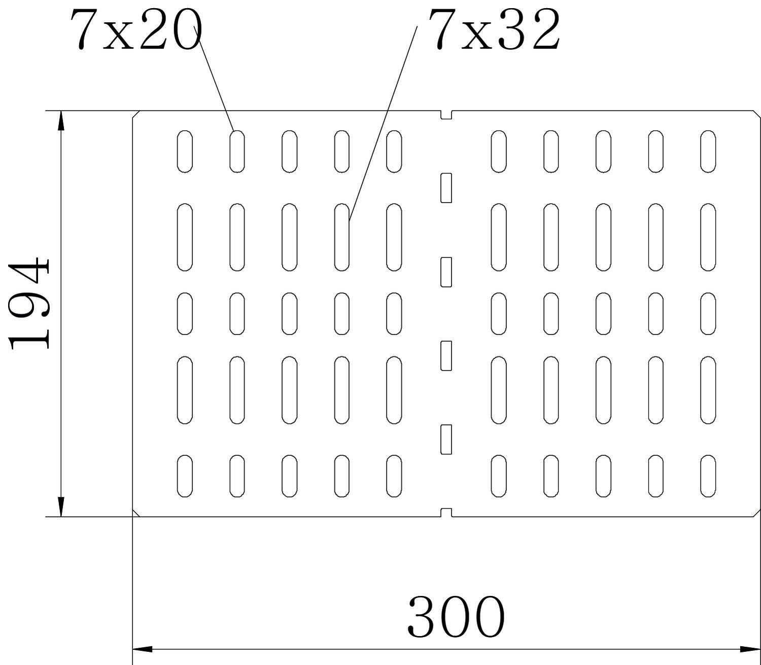 Rysunek techniczny prostokątnej kratki metalowej o wymiarach 194 x 300 mm z otworami o rozmiarach 7 x 20 i 7 x 32 mm.