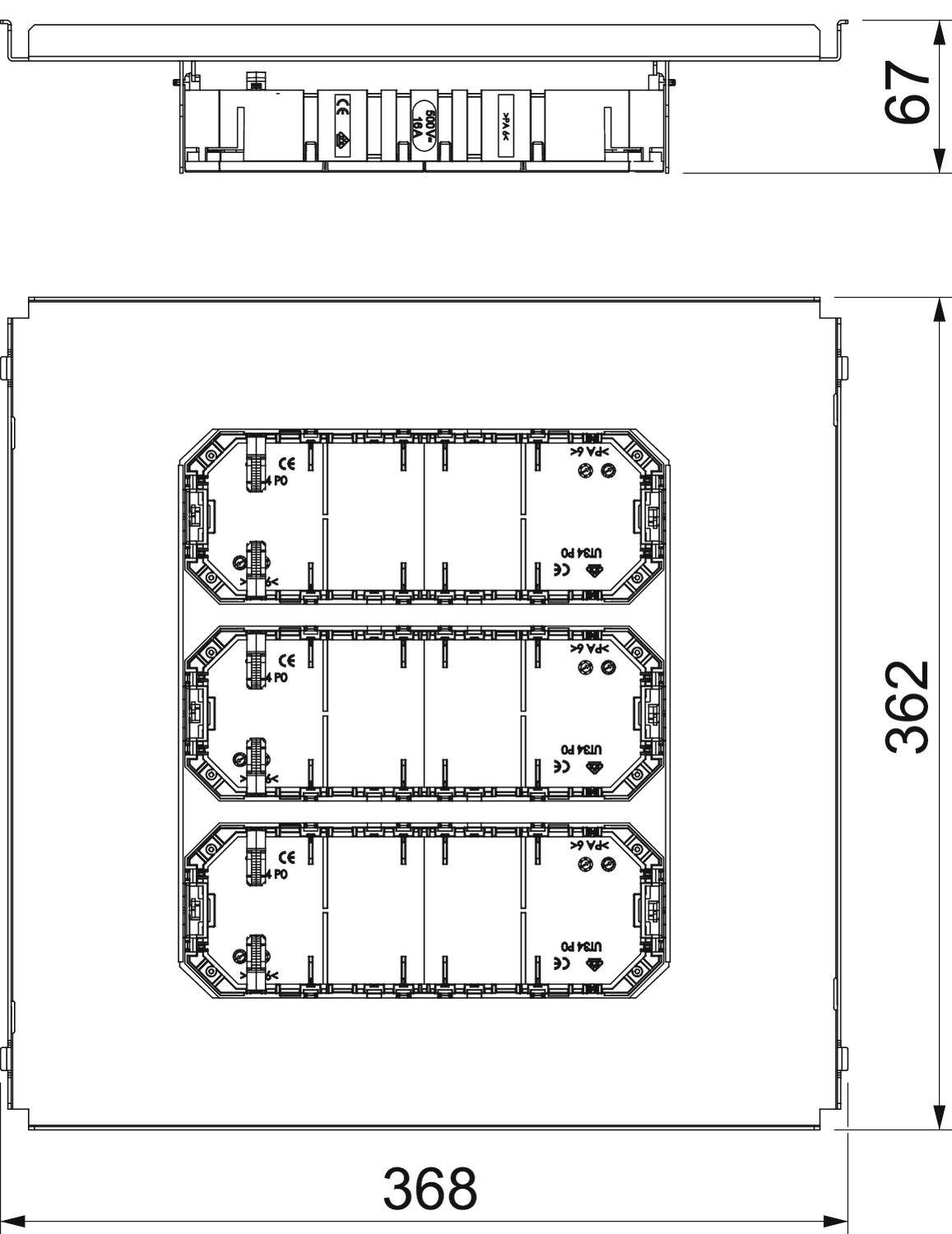'Rysunek techniczny obudowy naściennej z wymiarami: szerokość 368 mm, wysokość 362 mm. Trzy wewnętrzne segmenty, rozmieszczone symetrycznie.'