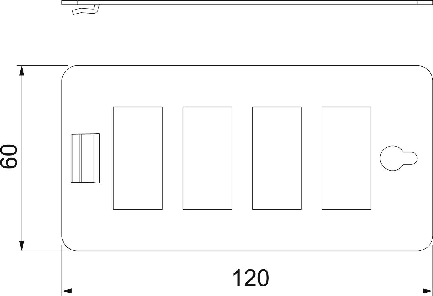 Rysunek techniczny prostokątnego obiektu z czterema równymi prostokątnymi otworami pośrodku, o wymiarach 60x120 mm.