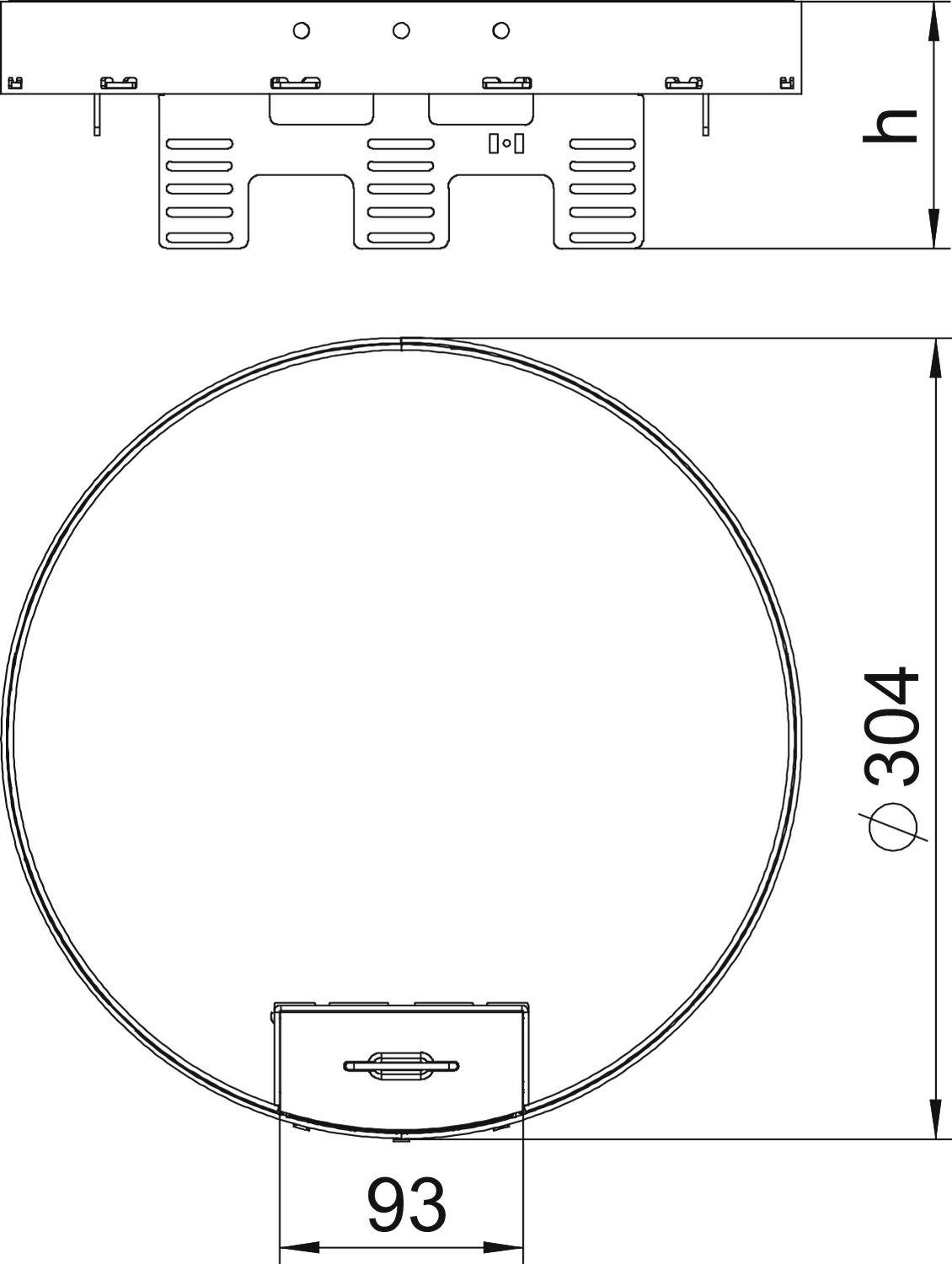 Rysunek techniczny obiektu kołowego o średnicy 304 mm, połączonego z elementem prostokątnym o szerokości 93 mm.