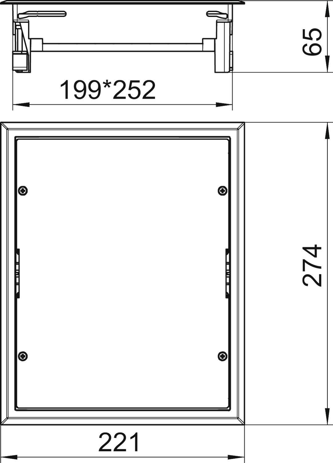 Rysunek techniczny prostokątnej niszy podtynkowej z wymiarami: 221 mm szerokości, 274 mm wysokości. Widok z boku przedstawia głębokość 65 mm.