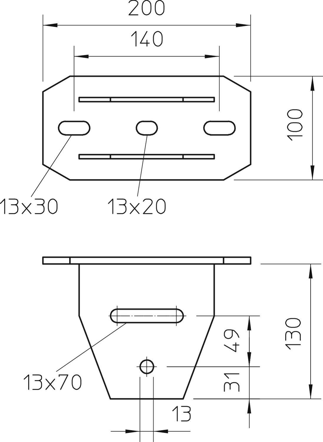Rysunek techniczny elementu metalowego o wymiarach: 200 x 100 mm. Przedstawiono dwa otwory podłużne 13x30 mm oraz jeden otwór 13x20 mm.