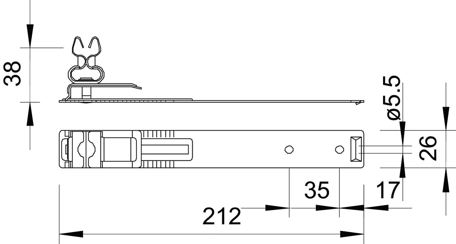Rysunek techniczny dźwigni segregatora z wymiarami: wysokość 38 mm, długość 212 mm, wymiary szerokości 35 mm, 26 mm, 17 mm. Widok szczegółowy elementów.