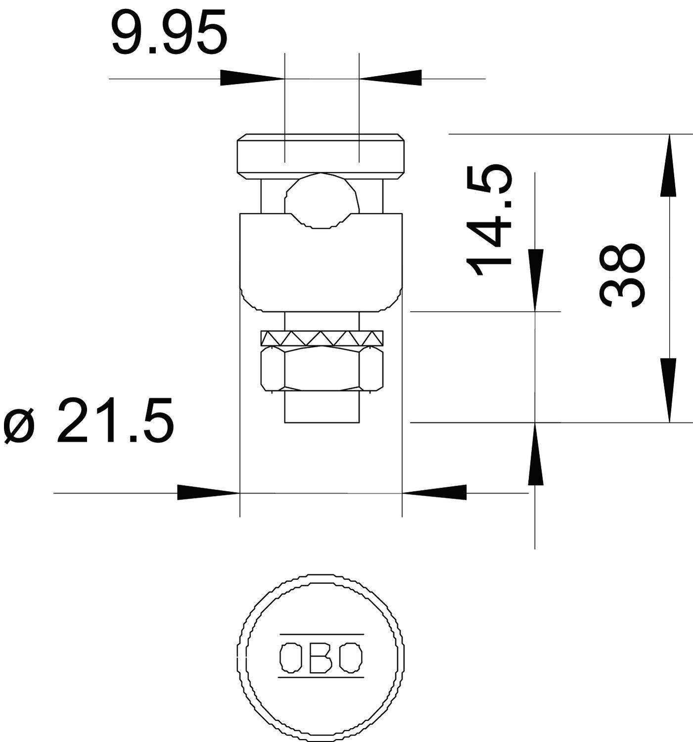 Rysunek techniczny części cylindrycznej z wymiarami: wysokość 38 mm, szerokość 9,95 mm, średnica 21,5 mm. U góry napis 'OBO'.