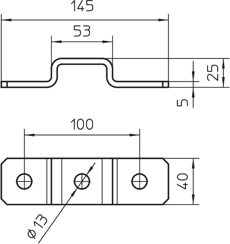 Rysunek techniczny okucia metalowego z wymiarami: długość 145 mm, szerokość 40 mm, średnica otworu 13 mm. Widok z góry i widok z boku.