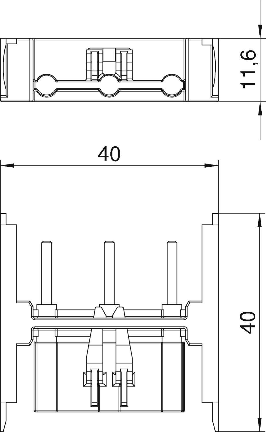Rysunek techniczny elementu mechanicznego o wymiarach 40x40 mm i wysokości 11,6 mm, przedstawiający elementy łączące oraz przekrój poprzeczny.