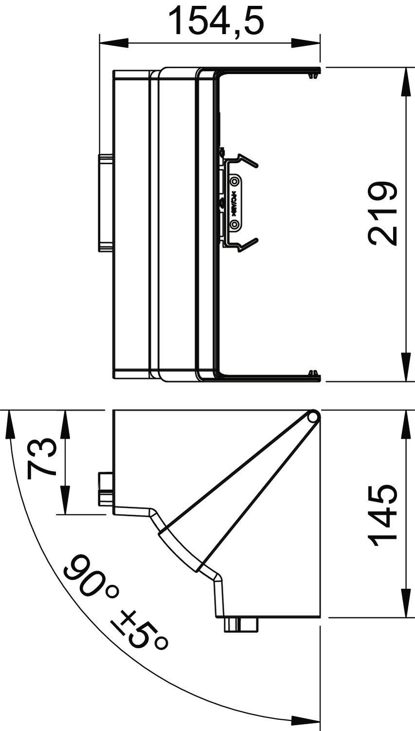 Rysunek techniczny urządzenia z wymiarami: szerokość 154,5 mm, wysokość 219 mm, głębokość 145 mm, kąt nachylenia 90° ±5°.