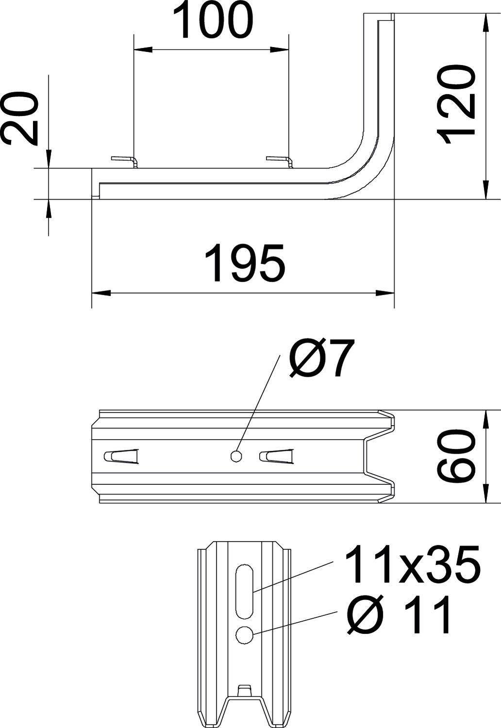 Rysunek techniczny elementu kątowego z wymiarami: 195 mm długości, 120 mm wysokości, 100 mm szerokości; otwory Ø7 i 11x35 mm.