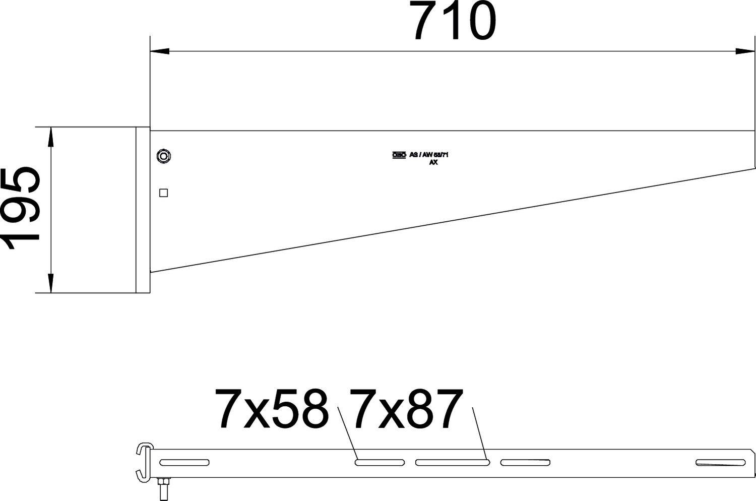 Rysunek techniczny kątownika metalowego: długość 710 mm, wysokość 195 mm. Dolna krawędź z otworami: 7x58 mm, 7x87 mm.