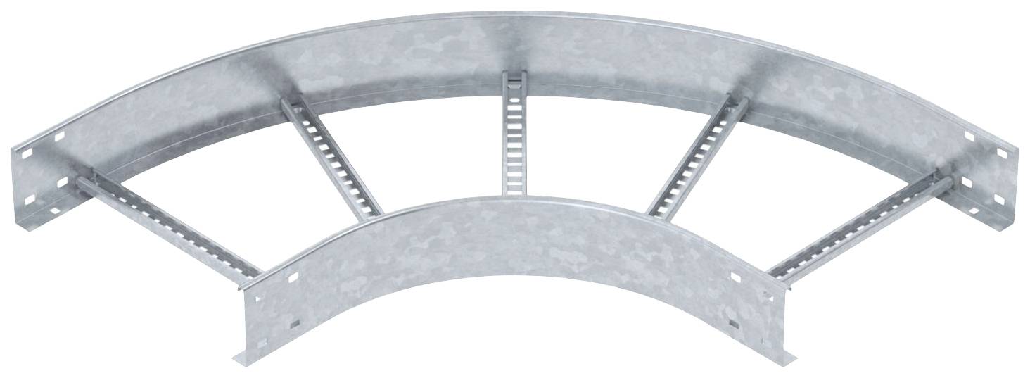 Metalowy korytarz kablowy, zakrzywiony, z wieloma poprzeczkami wzmacniającymi; przeznaczony do instalacji przewodów w budynkach.