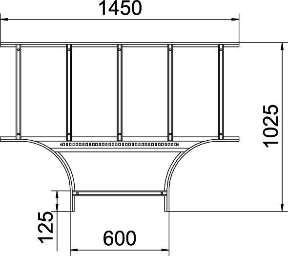 Rysunek techniczny przekroju. Wymiary: szerokość 1450 mm, wysokość 1025 mm, wysokość łuku 125 mm, szerokość łuku 600 mm.