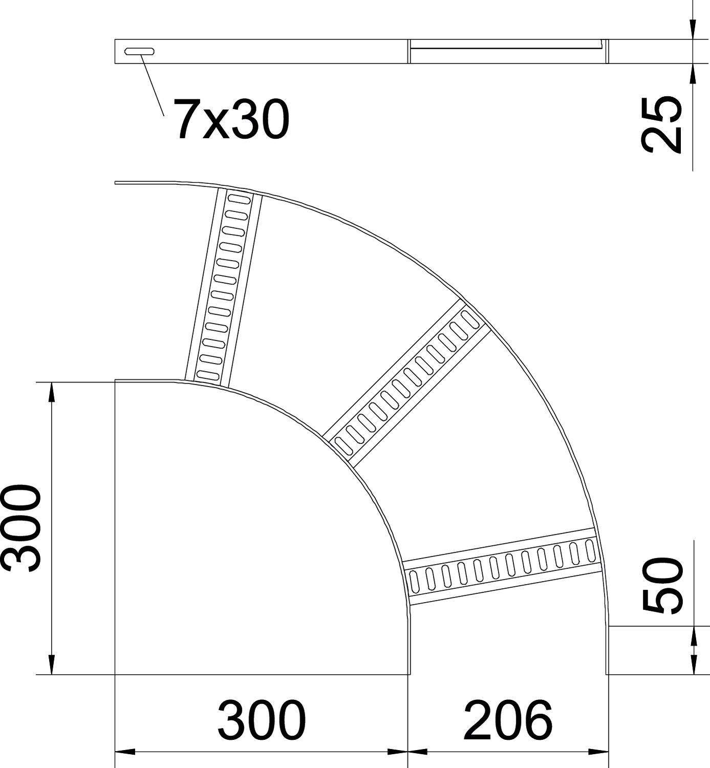 Rysunek techniczny giętej metalowej półki. Wymiary: 300x300x206 mm. Elementy podtrzymujące są równomiernie rozmieszczone.