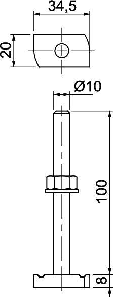 Rysunek techniczny śruby: długość całkowita 100 mm, średnica 10 mm; łeb prostopadły, wymiary 34,5 x 20 mm.