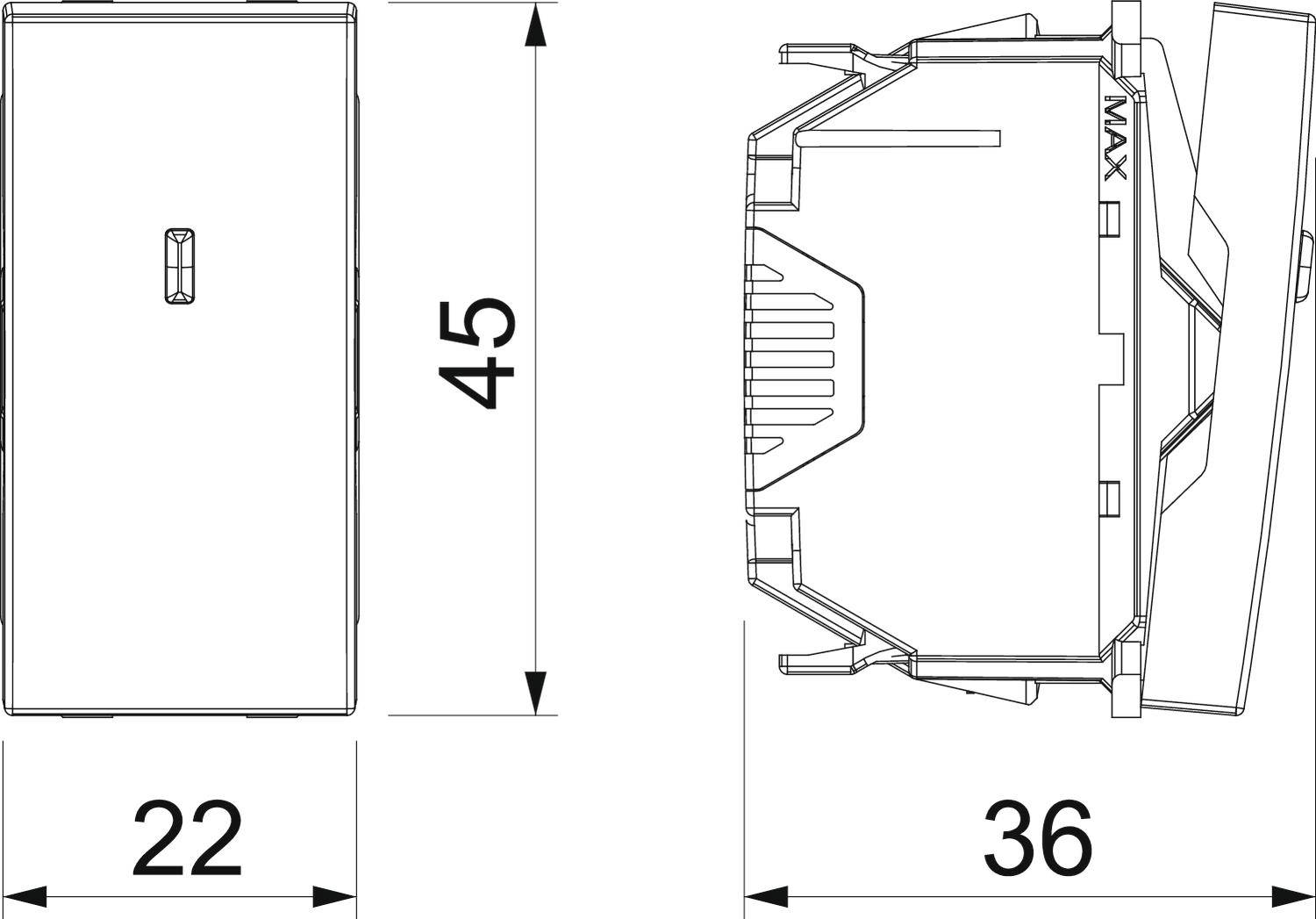 Rysunek techniczny elementu z widokami bocznymi i wymiarami: szerokość 22 mm, wysokość 45 mm, głębokość 36 mm, oznaczenie 'MAX'.