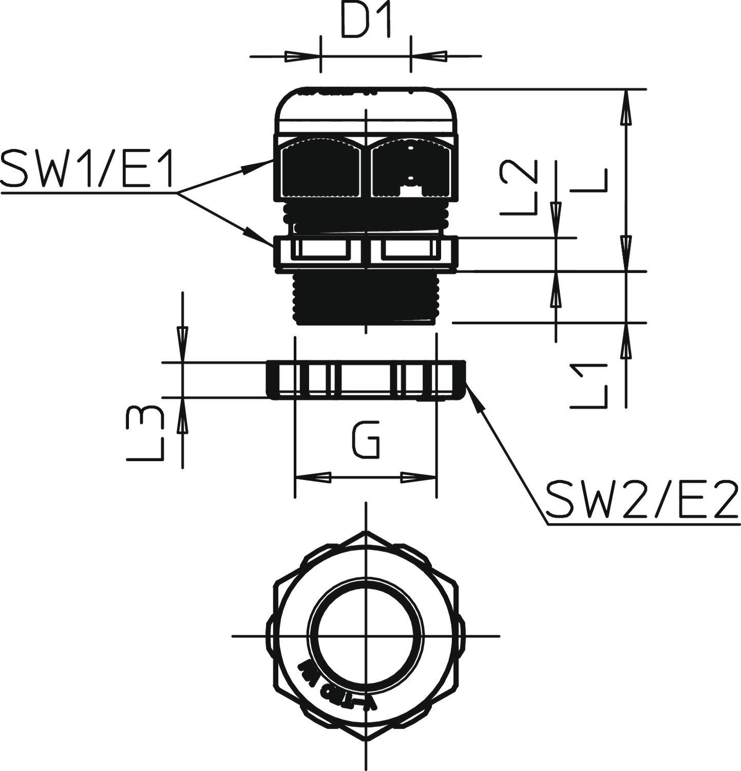 Rysunek techniczny złączki kablowej z podanymi wymiarami: D1, SW1/E1, L, L1, L2, L3, G, SW2/E2. Widok z boku i z góry.