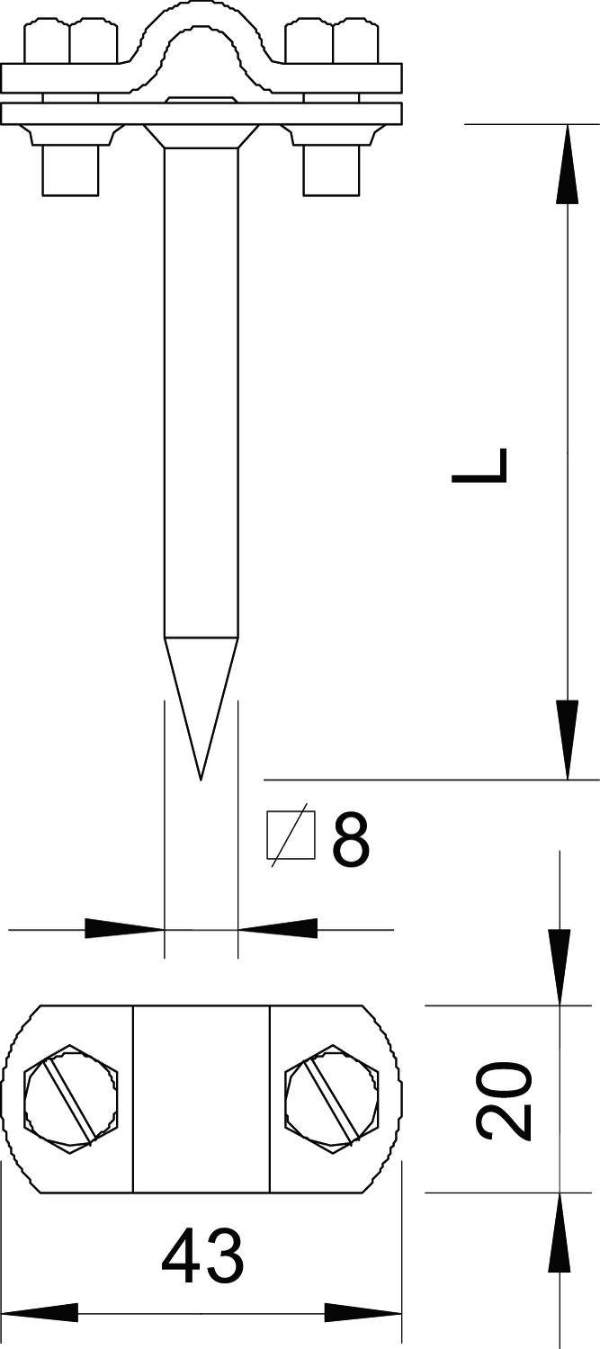 Rysunek techniczny kołka rozporowego z wymiarami: długość (L), szerokość 43 mm, wysokość 20 mm, średnica 8 mm.
