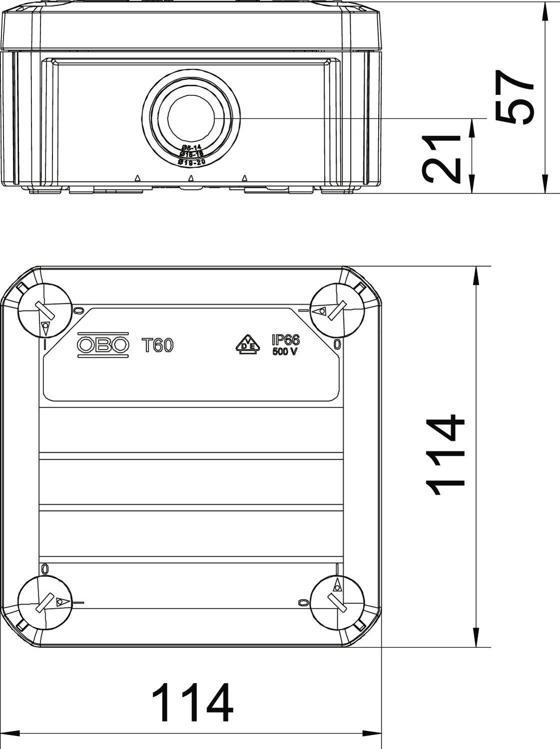 Rysunek kwadratowego pojemnika z tworzywa sztucznego 'OBD T80', wymiary 114x114x57 mm, stopień ochrony IP66, odpowiedni dla 500 V.
