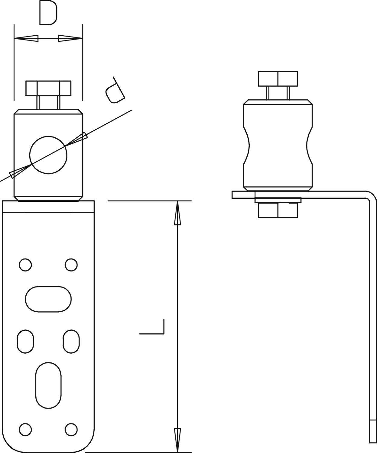 Rysunek techniczny zawiasu drzwiowego z wymiarami D i L. Widok boczny i czołowy zawiasu, wraz ze śrubami i otworami montażowymi.
