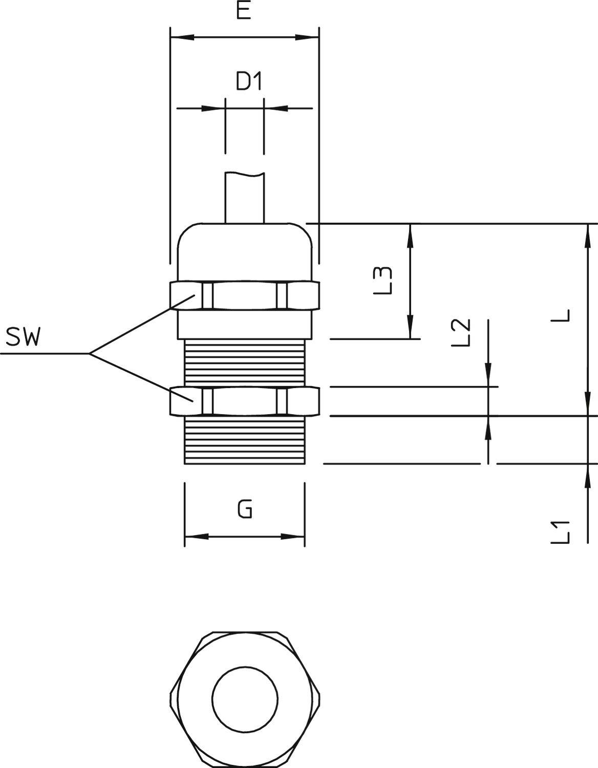 Rysunek techniczny złącza z oznaczeniami wymiarów. Przedstawia średnicę (D1), długość gwintu (L, L1, L2, L3) oraz szerokość klucza (SW). Widok z góry poniżej.