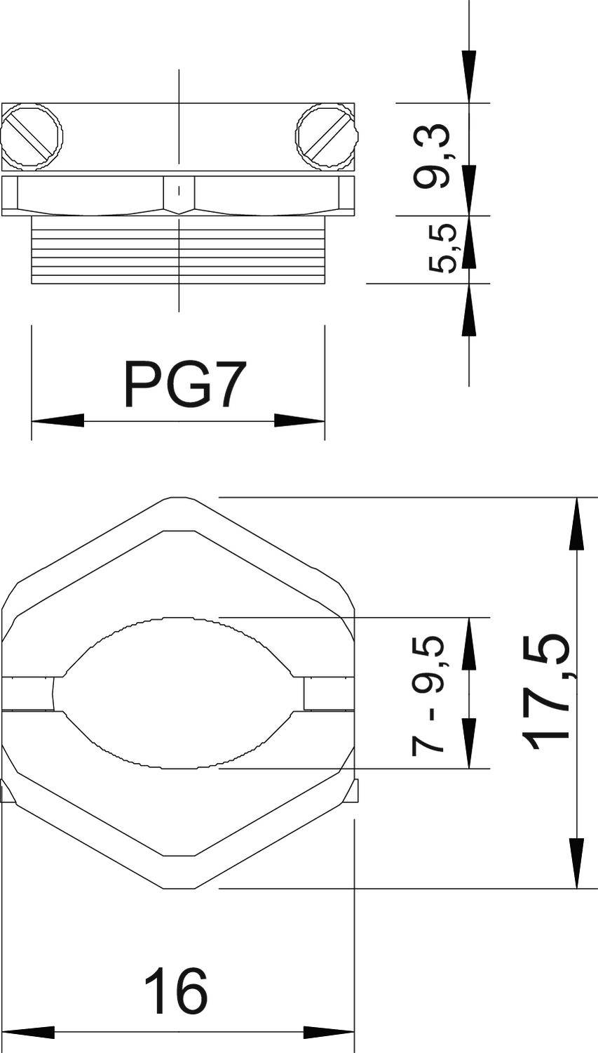 Rysunek techniczny złączki kablowej PG7 z wymiarami: wysokość 17,5 mm, szerokość 16 mm, otwór 7-9,5 mm, rozstaw śrub 9,3 mm.