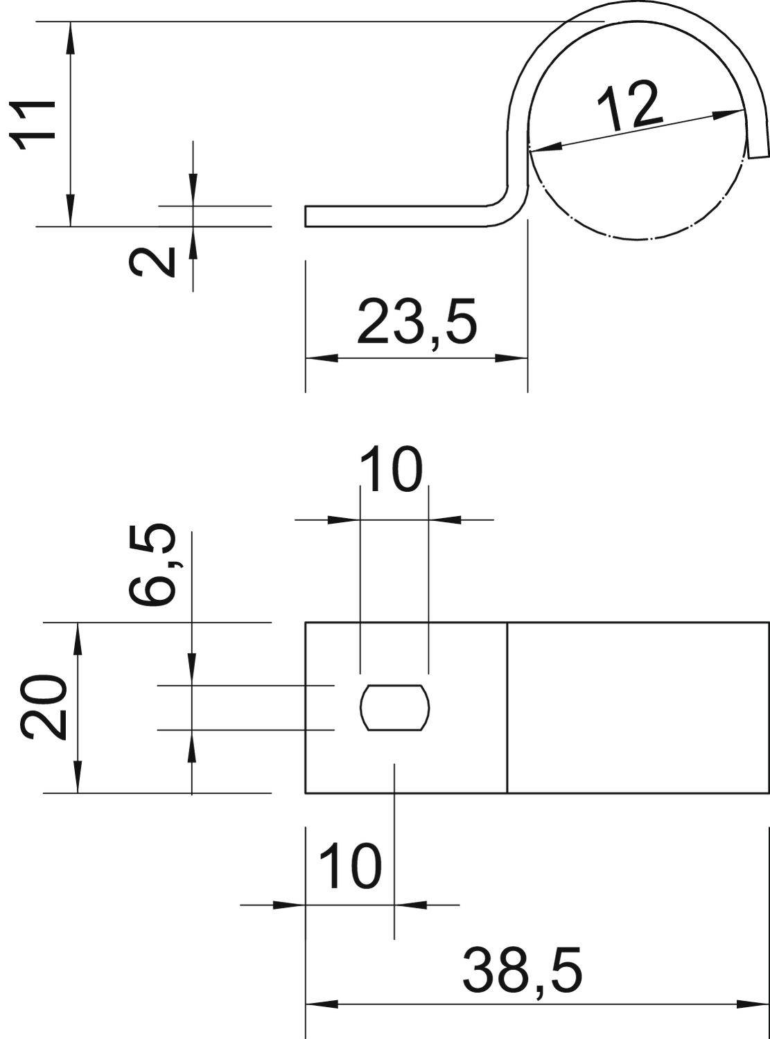 Rysunek techniczny zacisku ze szczegółowymi wymiarami w milimetrach: szerokość 23,5 mm, wysokość 11 mm, rozwarcie 12 mm, długość 38,5 mm.