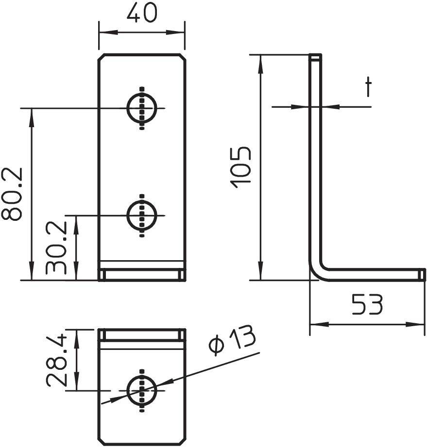 Rysunek techniczny metalowego wspornika w kształcie litery L z wymiarami: wysokość 105 mm, szerokość 40 mm, głębokość 53 mm, średnica otworu 13 mm.