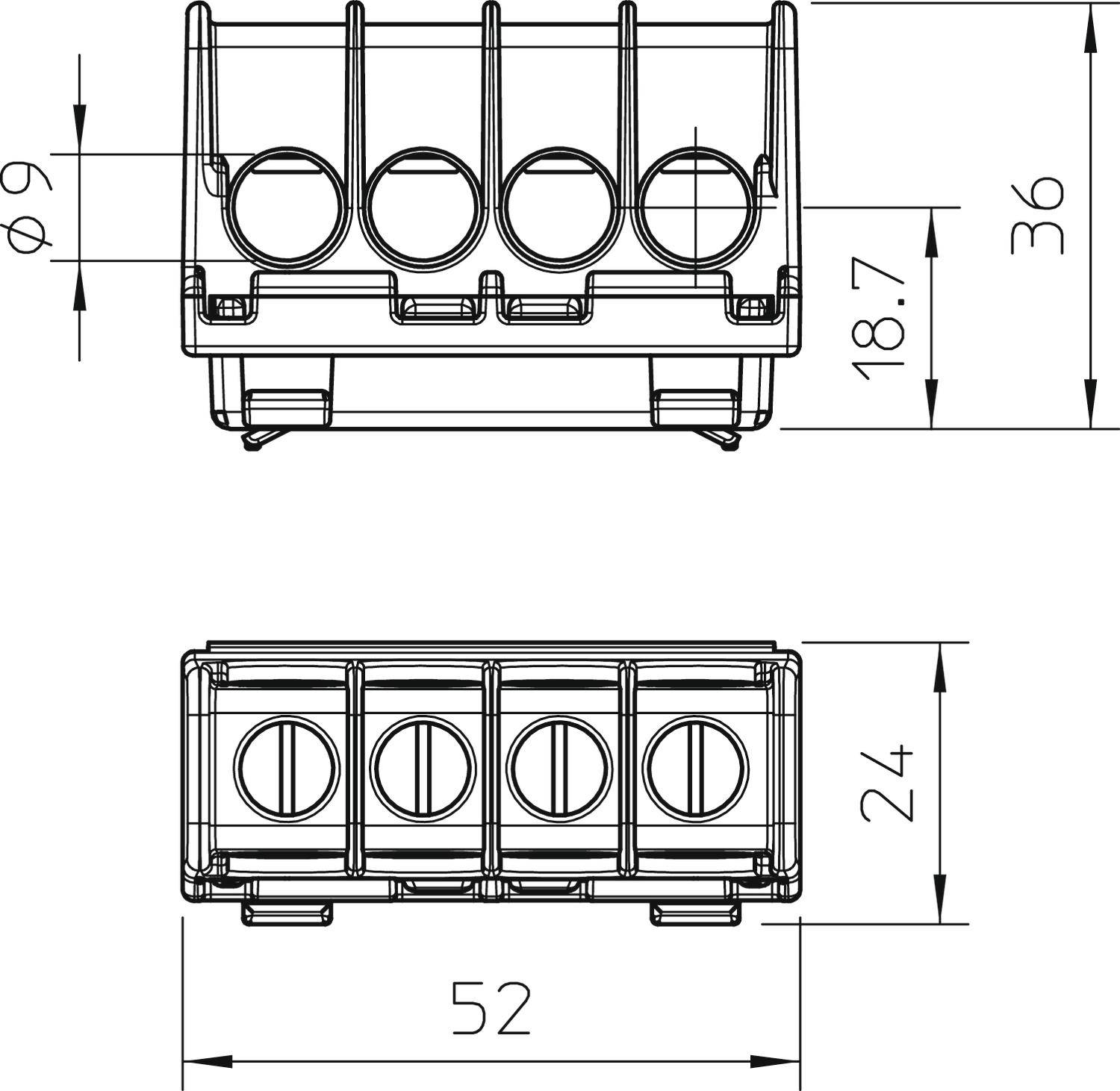 Rysunek techniczny prostokątnego elementu z czterema otworami. Wymiary: wysokość 36, szerokość 52, średnica otworu 9.