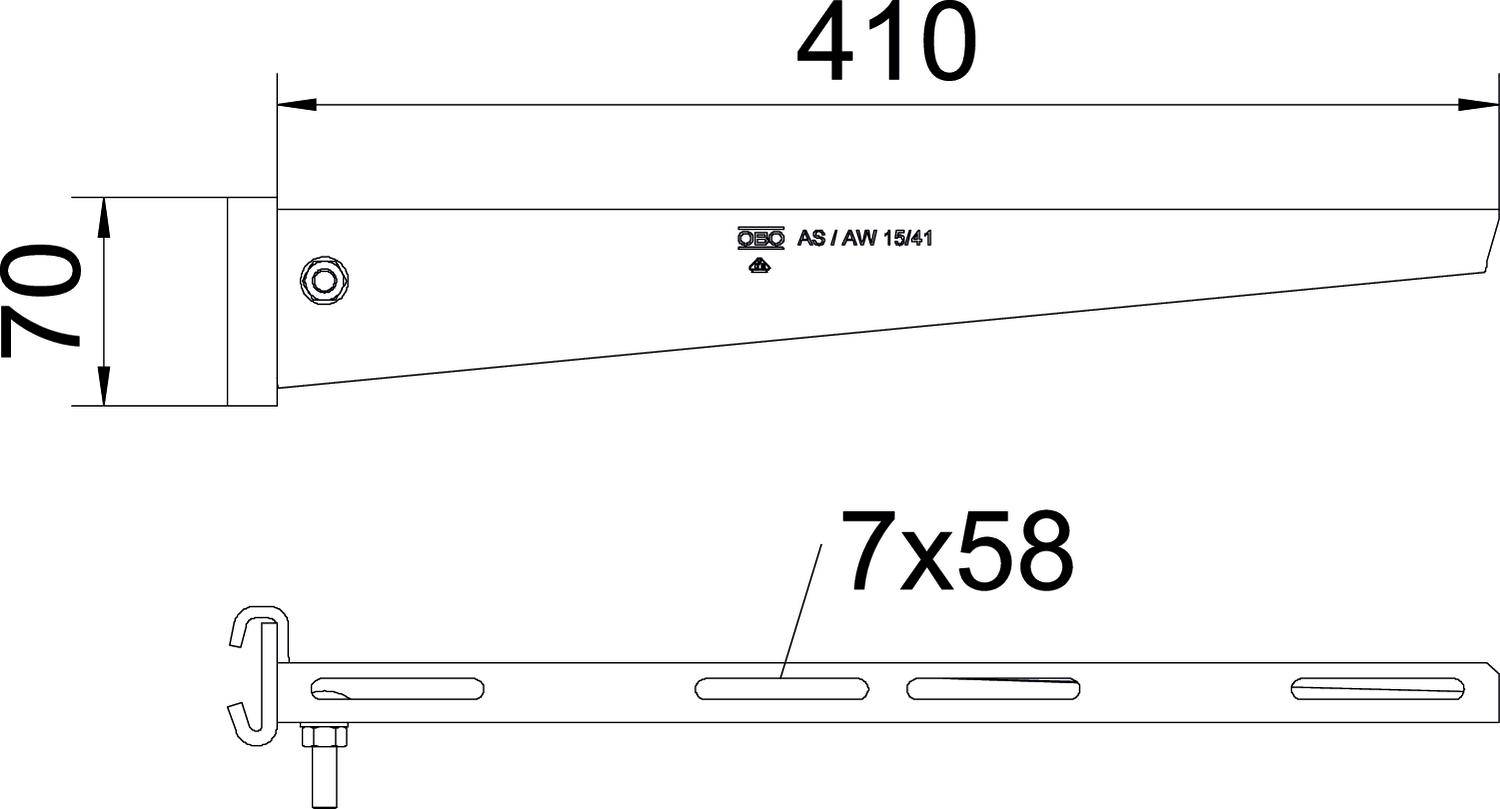 Rysunek techniczny metalowego kątownika: u góry widok z boku z wymiarami długości 410 mm i 70 mm; u dołu widok z góry z detalami szczelin.