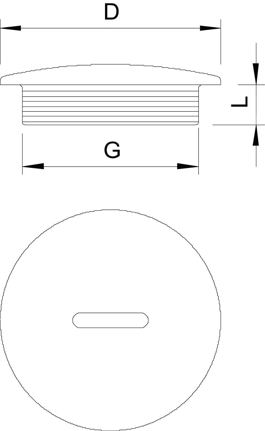 Rysunek techniczny przedstawia okrągłą nakładkę zamykającą z wymiarami D (średnica), G (gwint) oraz L (długość). Widok z góry i widok z boku.