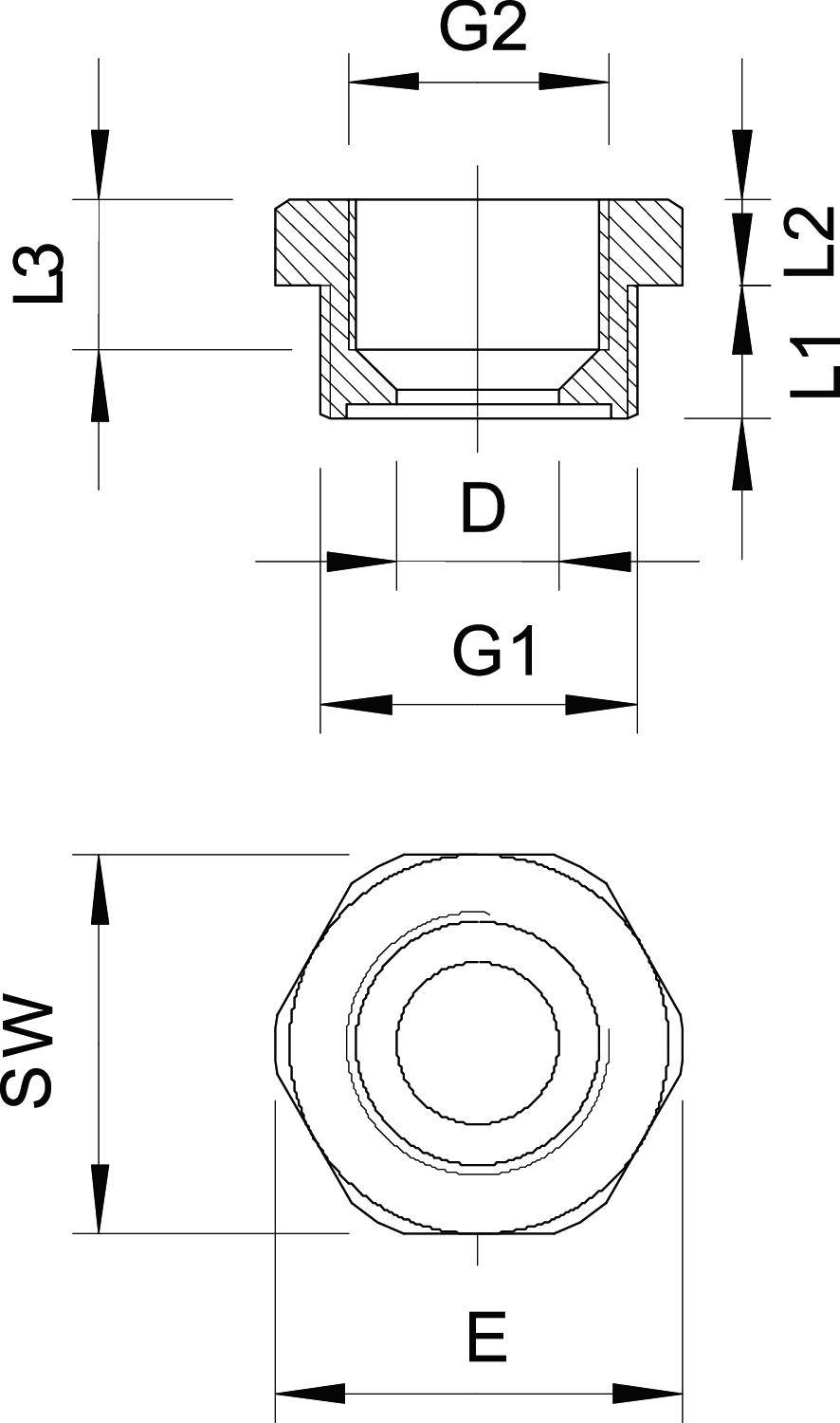 Rysunek techniczny nakrętki sześciokątnej z wymiarowaniem: G2, L3, D, G1, L1, L2, SW, E. Przedstawiono przekrój oraz widok z góry.